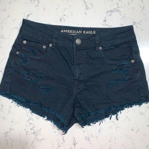 American Eagle high wasted, distressed, stretch, black jean shorts.